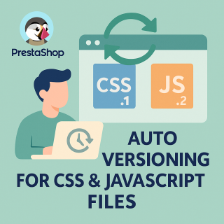 Ноутбук розробника та вікно браузера з автоматичним версіюванням CSS і JavaScript для PrestaShop