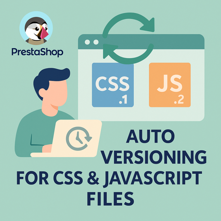 Developer laptop and browser window showing automatic CSS and JavaScript versioning for PrestaShop